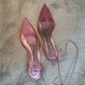 Stuart Weitzman Pink Studded Pointed Lace-Up Flats
